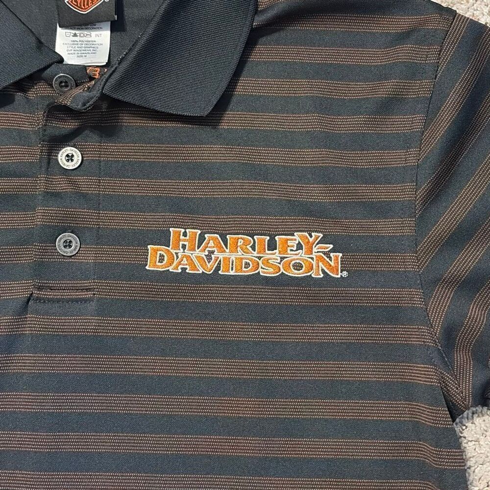 Harley Davidson Brown Striped Short Sleeve Polo Shirt Medium Okoboji IA - Picture 3 of 7